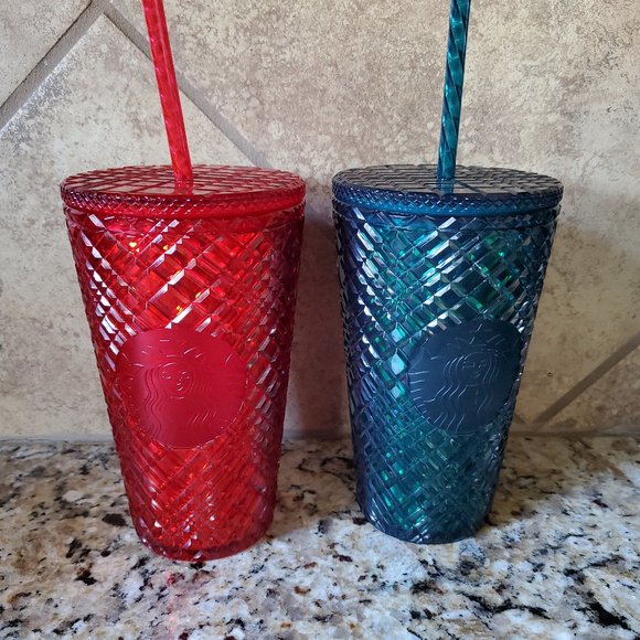 Starbucks 2021 Winter Holiday Jeweled Grande Cold Cup Tumbler 16 Oz Set Of 2 - Picture 1 of 6